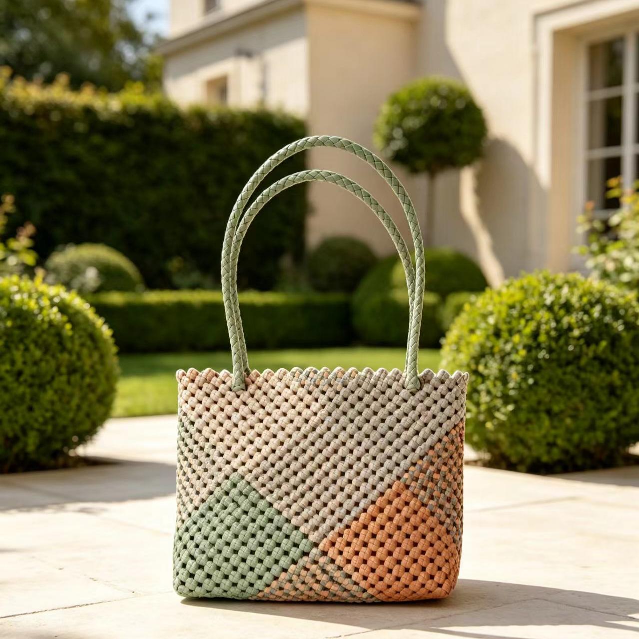 two tone color woven bag, two handle fashion hand woven bags,Boho element.