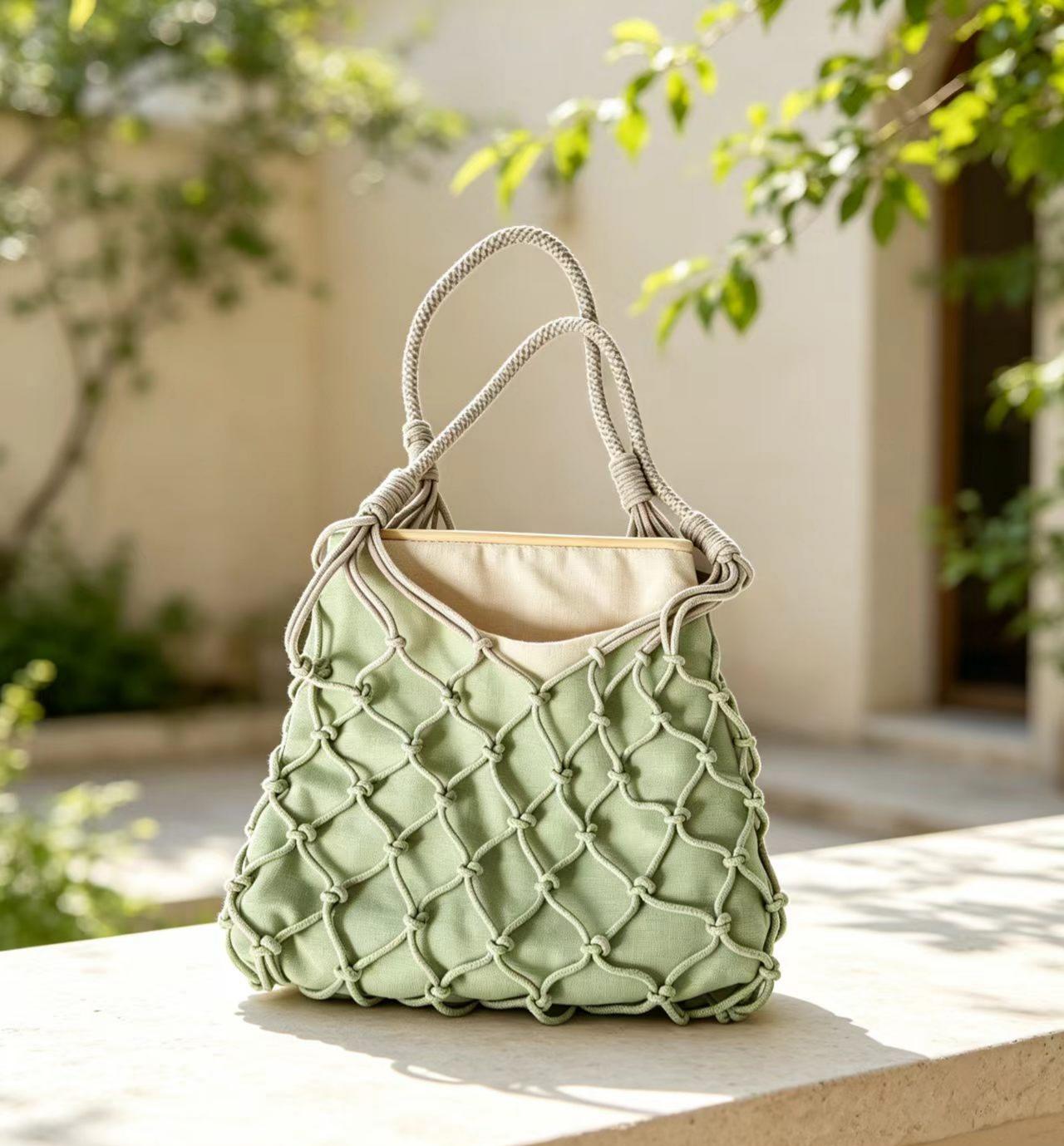 Light green color handwoven mesh bag by artisans,fashion style.Tropical rope bag, coastal vacation pattern bag.